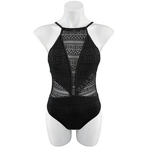 Crochet Lace One-Piece Monokini Swimsuit in Black